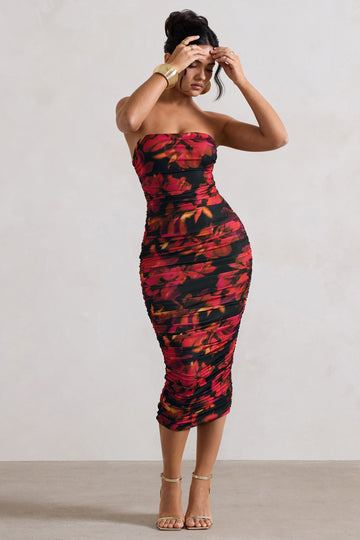 Inara Red Floral Print Strapless Ruched Midi Dress
